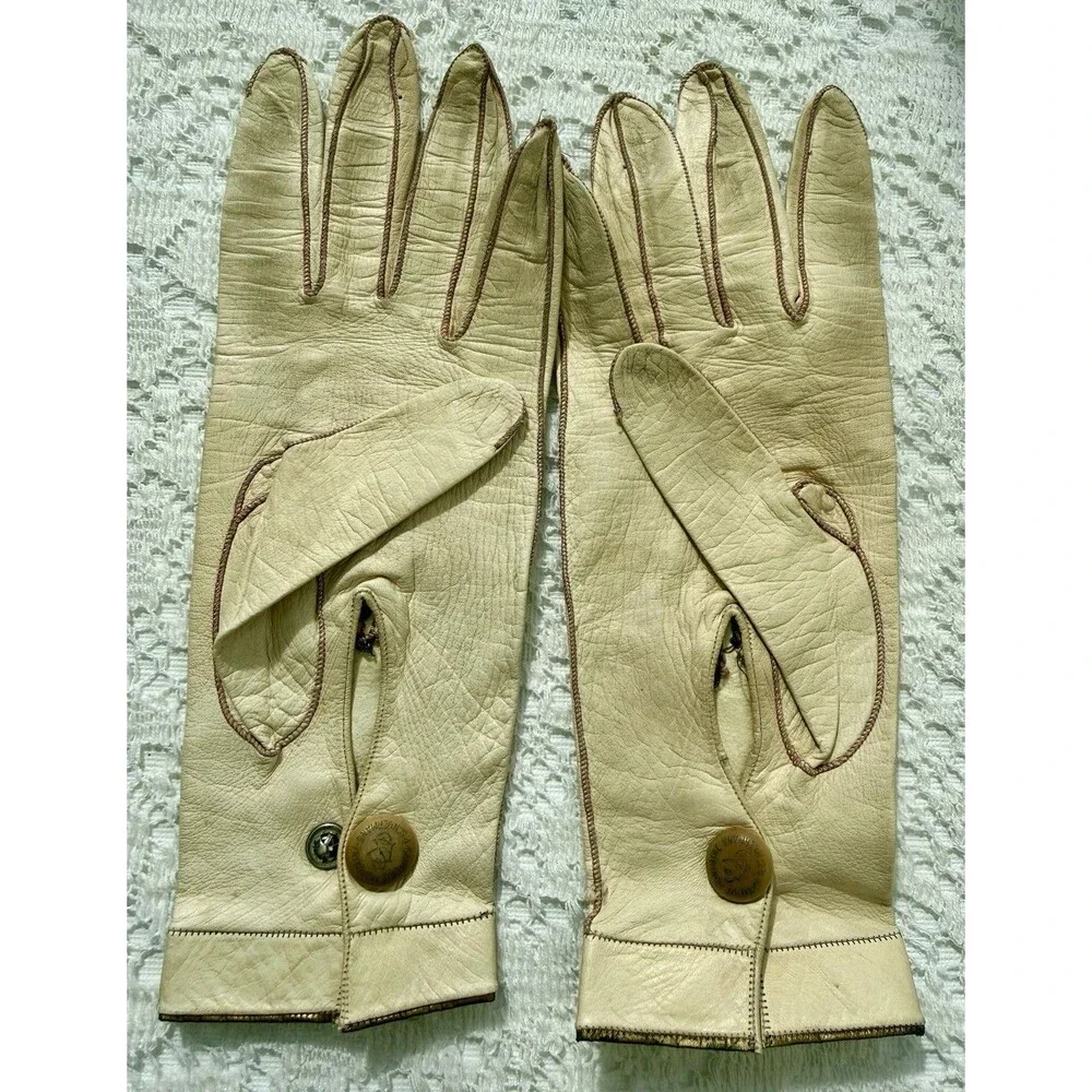 Antique Ladies Leather Gloves Embroidery 6 1/2 Ivory Ganterie Mondaine Huermans